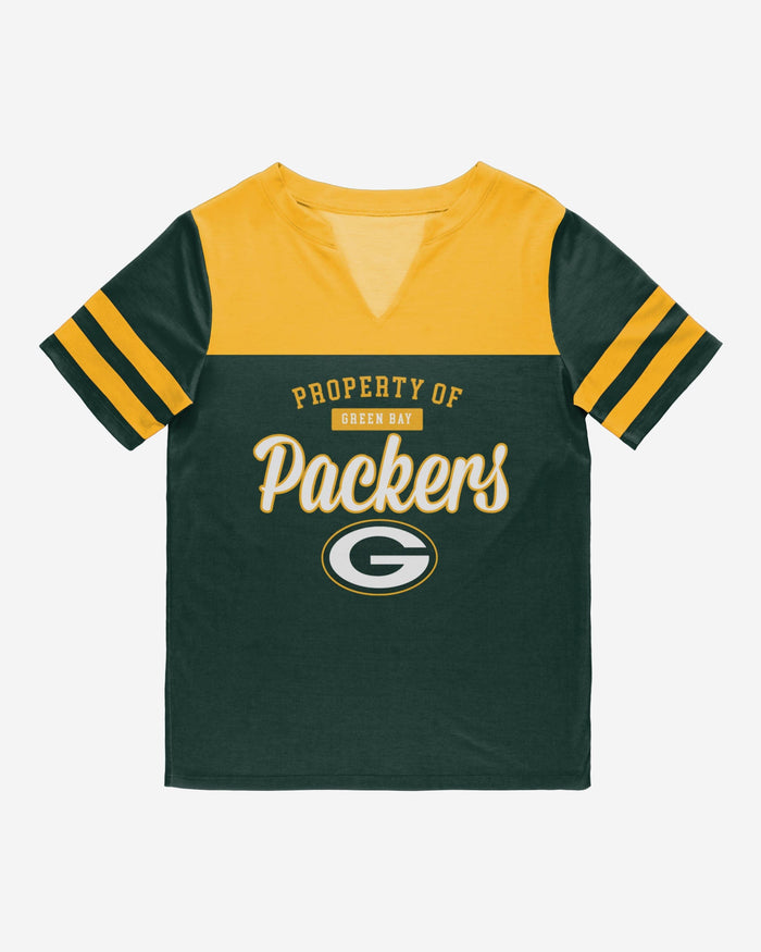 Green Bay Packers Womens Team Stripe Property Of V-Neck T-Shirt FOCO - FOCO.com