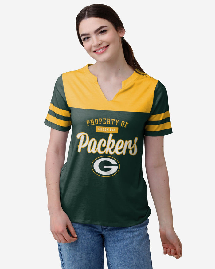 Green Bay Packers Womens Team Stripe Property Of V-Neck T-Shirt FOCO S - FOCO.com