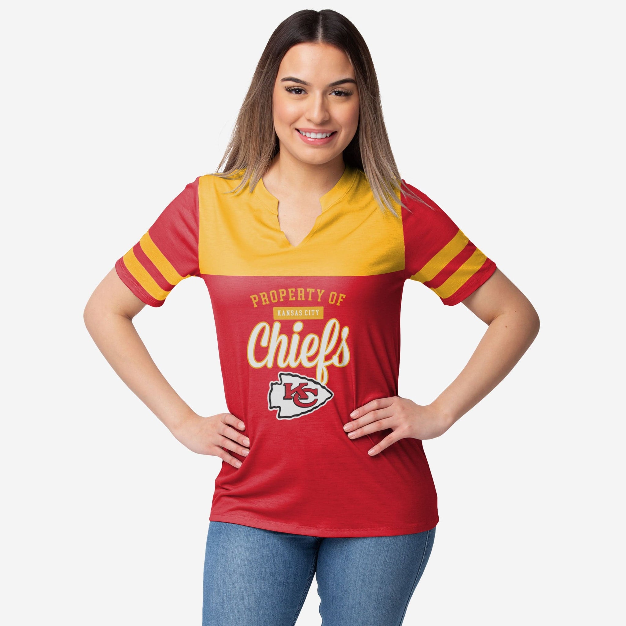 Kansas City Chiefs Womens Team Stripe Property Of V-Neck T-Shirt FOCO