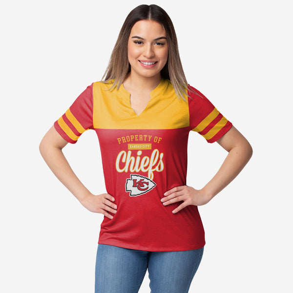 knee length dresses for ladies Kansas City Chiefs NFL Womens Team Stripe Property of V Neck T Shirt