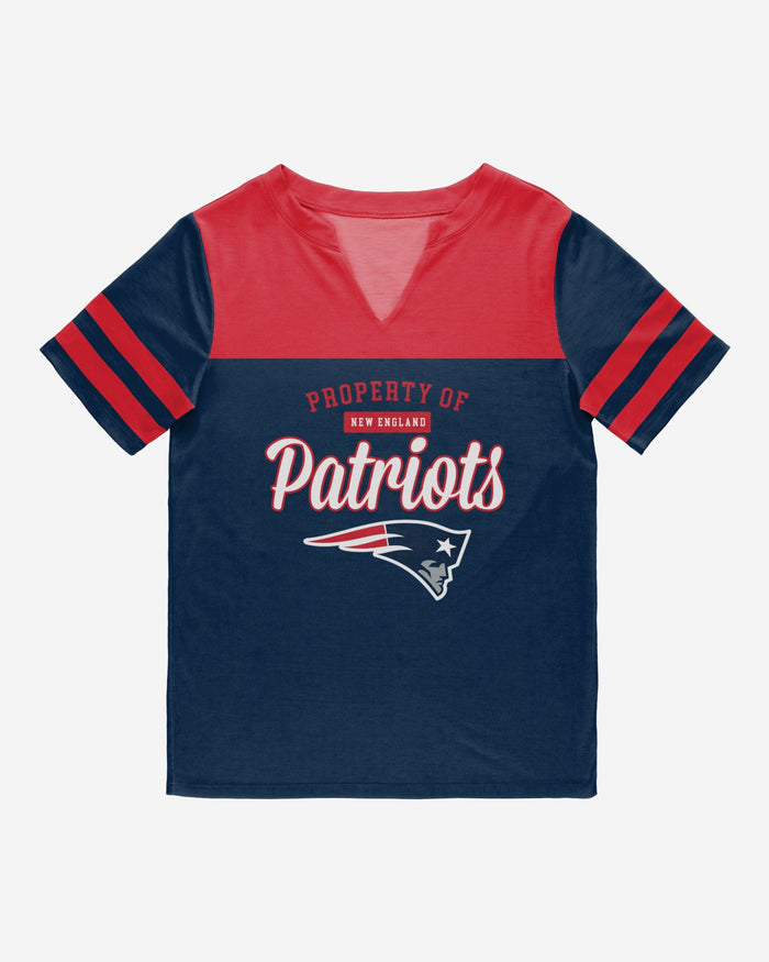 New England Patriots Womens Team Stripe Property Of V-Neck T-Shirt FOCO - FOCO.com