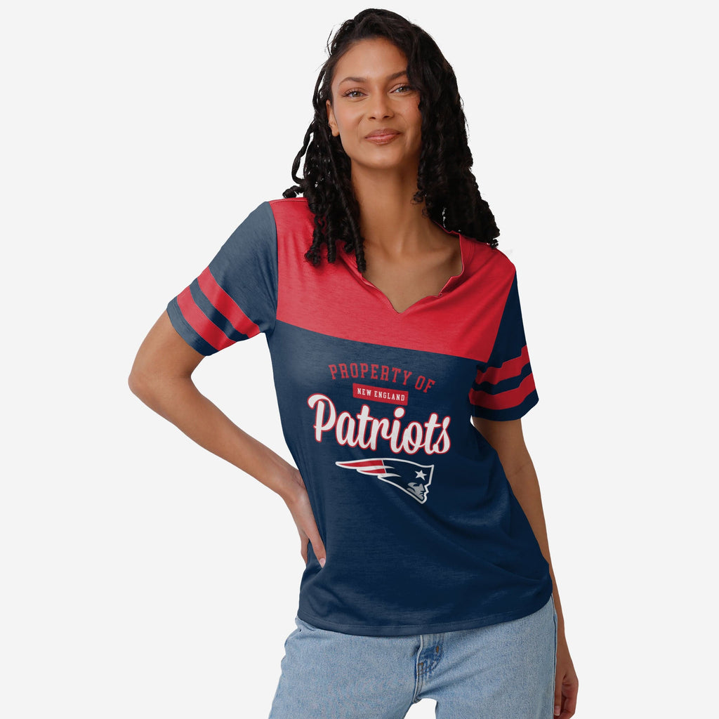 New England Patriots Womens Team Stripe Property Of V-Neck T-Shirt FOCO S - FOCO.com