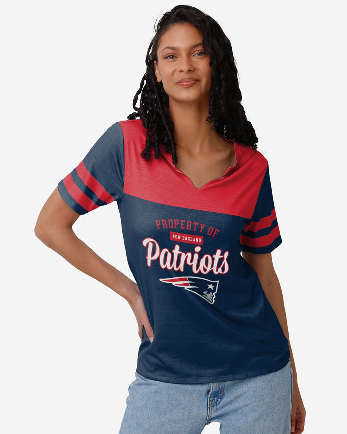 New England Patriots Womens Team Stripe Property Of V-Neck T-Shirt FOCO S - FOCO.com