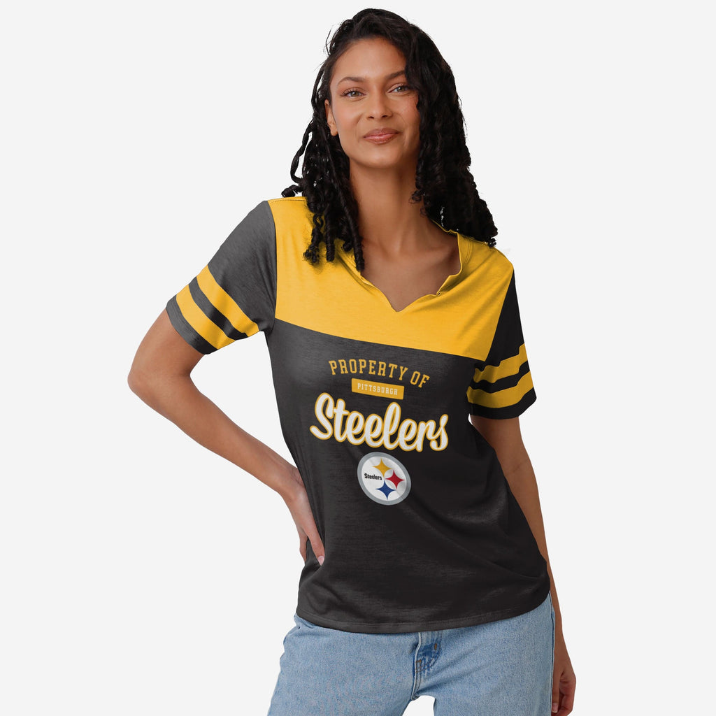Pittsburgh Steelers Womens Team Stripe Property Of V-Neck T-Shirt FOCO S - FOCO.com
