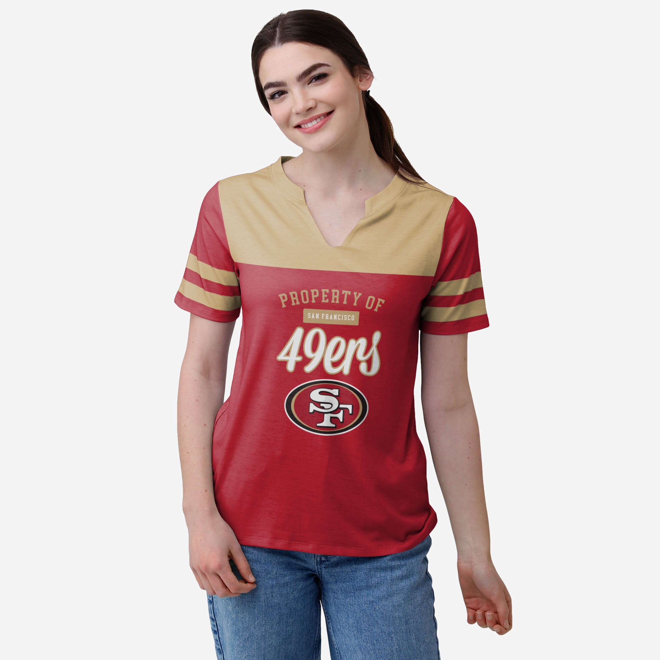 Womens San Francisco 49ers Rhinestone New Womens Sizing VNeck T-shirt S  thru 4X