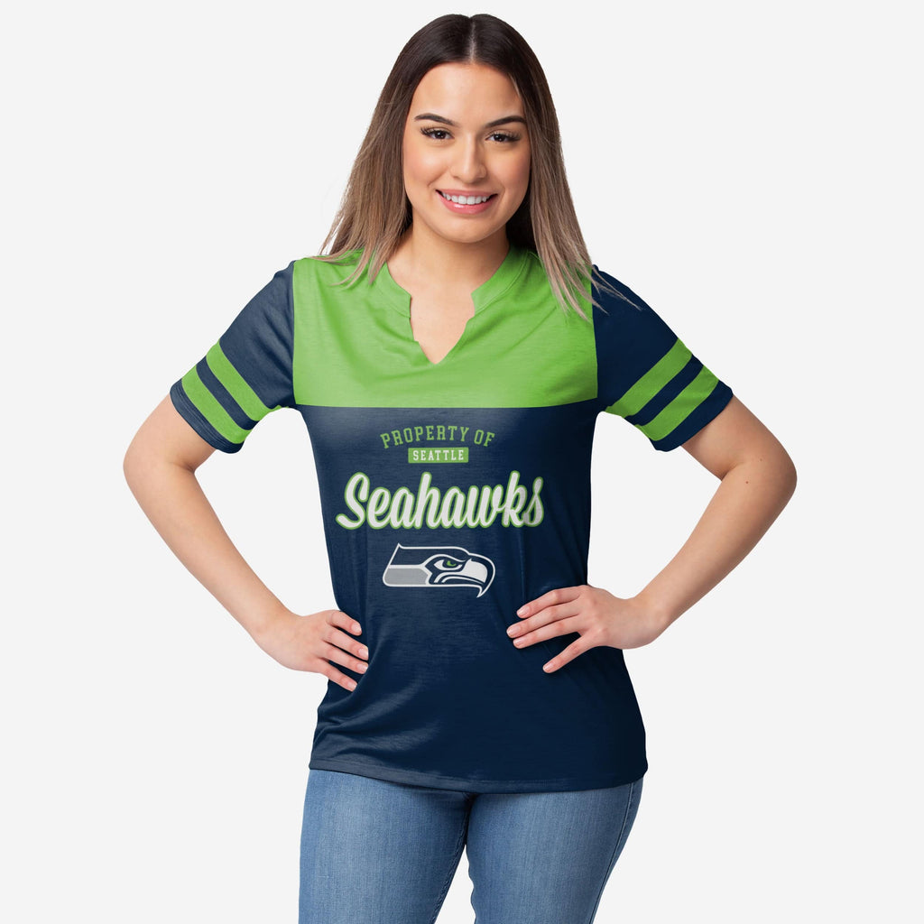 Seattle Seahawks Womens Team Stripe Property Of V-Neck T-Shirt FOCO S - FOCO.com