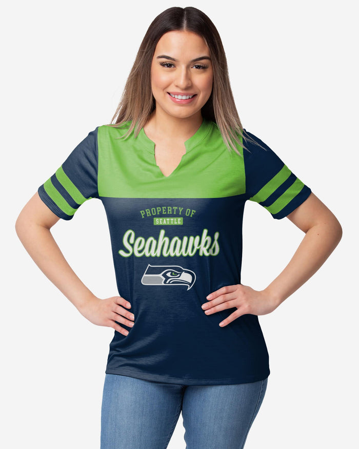 Seattle Seahawks Womens Team Stripe Property Of V-Neck T-Shirt FOCO S - FOCO.com