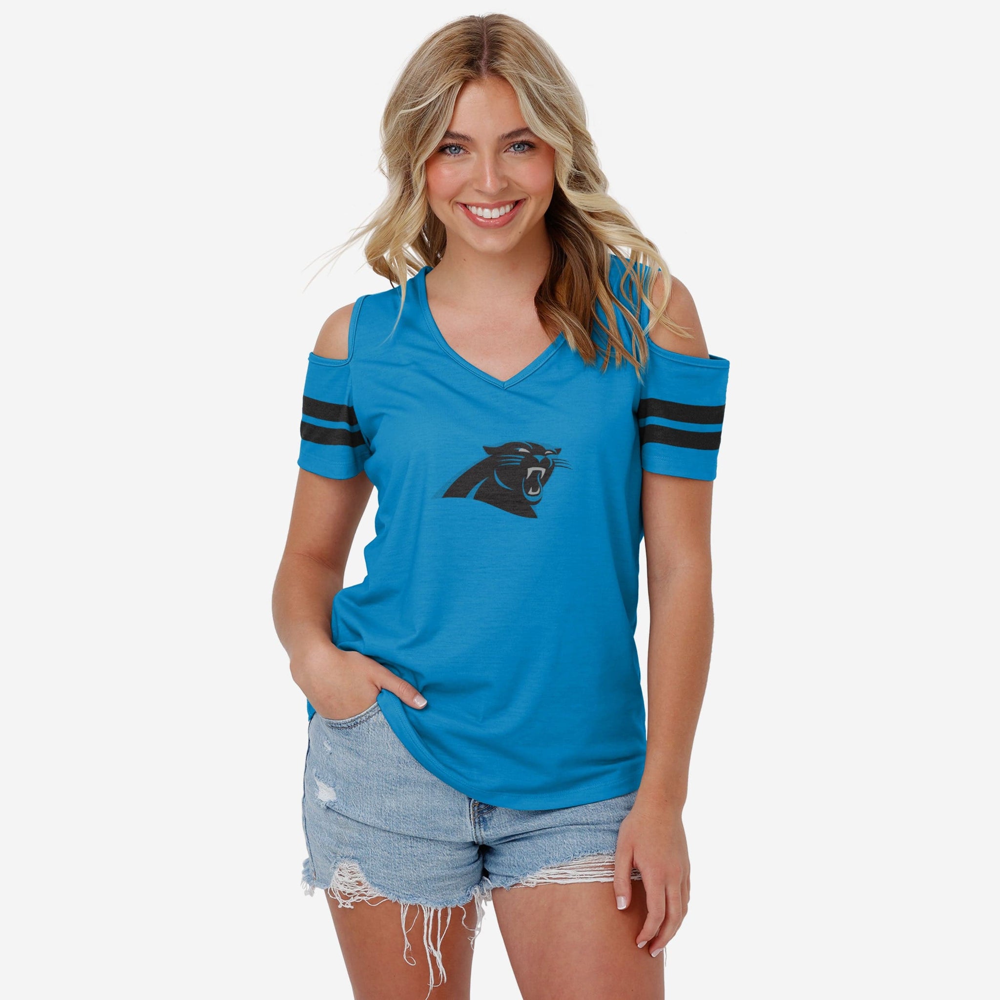 Carolina Panthers Womens Cold Shoulder T-Shirt FOCO