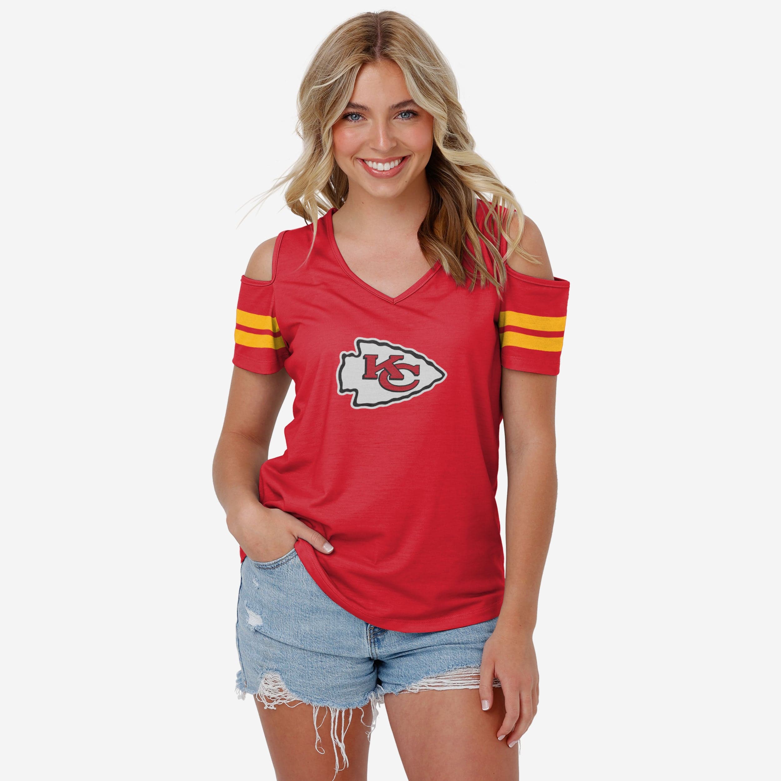 FOCO Women's NFL Ladies Fashion Cold Shoulder Top Shirt